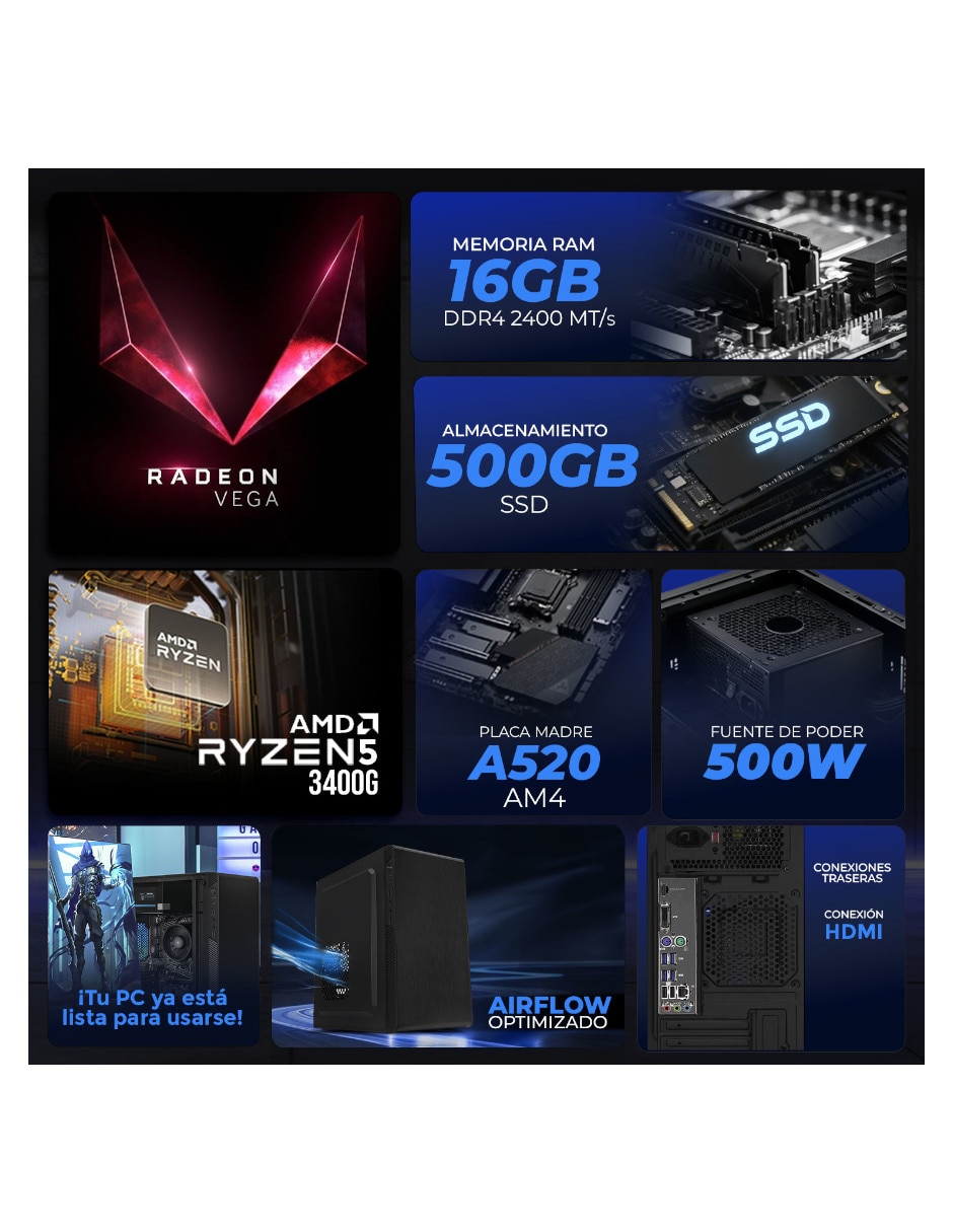 Computadora gamer XTPCR516GBVEGA11PB AMD Ryzen 5 AMD Radeon Vega 11 16 GB RAM 500 GB SSD 6